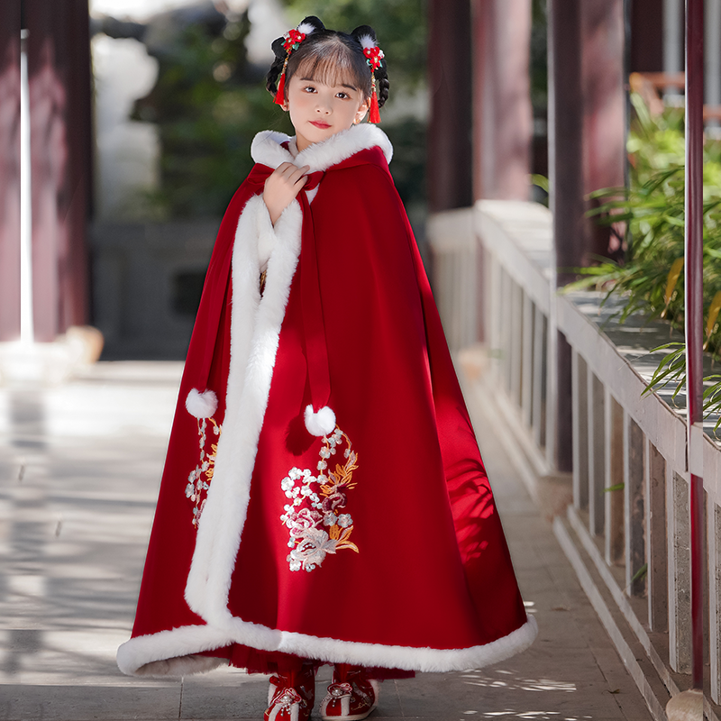 儿童斗篷披风加棉加厚汉服拜年服古装中国风宝宝过年冬装女童古风