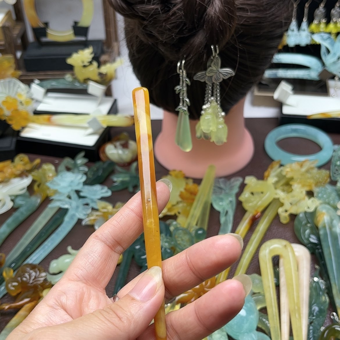 【闪购商品】蛇纹石玉发饰合金依*