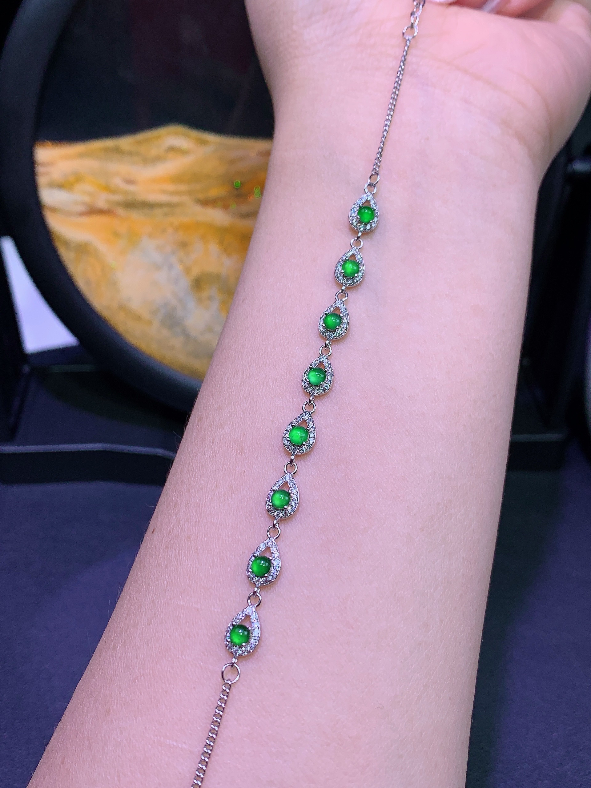 天然A货翡翠绿蛋面手链（S925银镶）气质轻奢时尚百搭