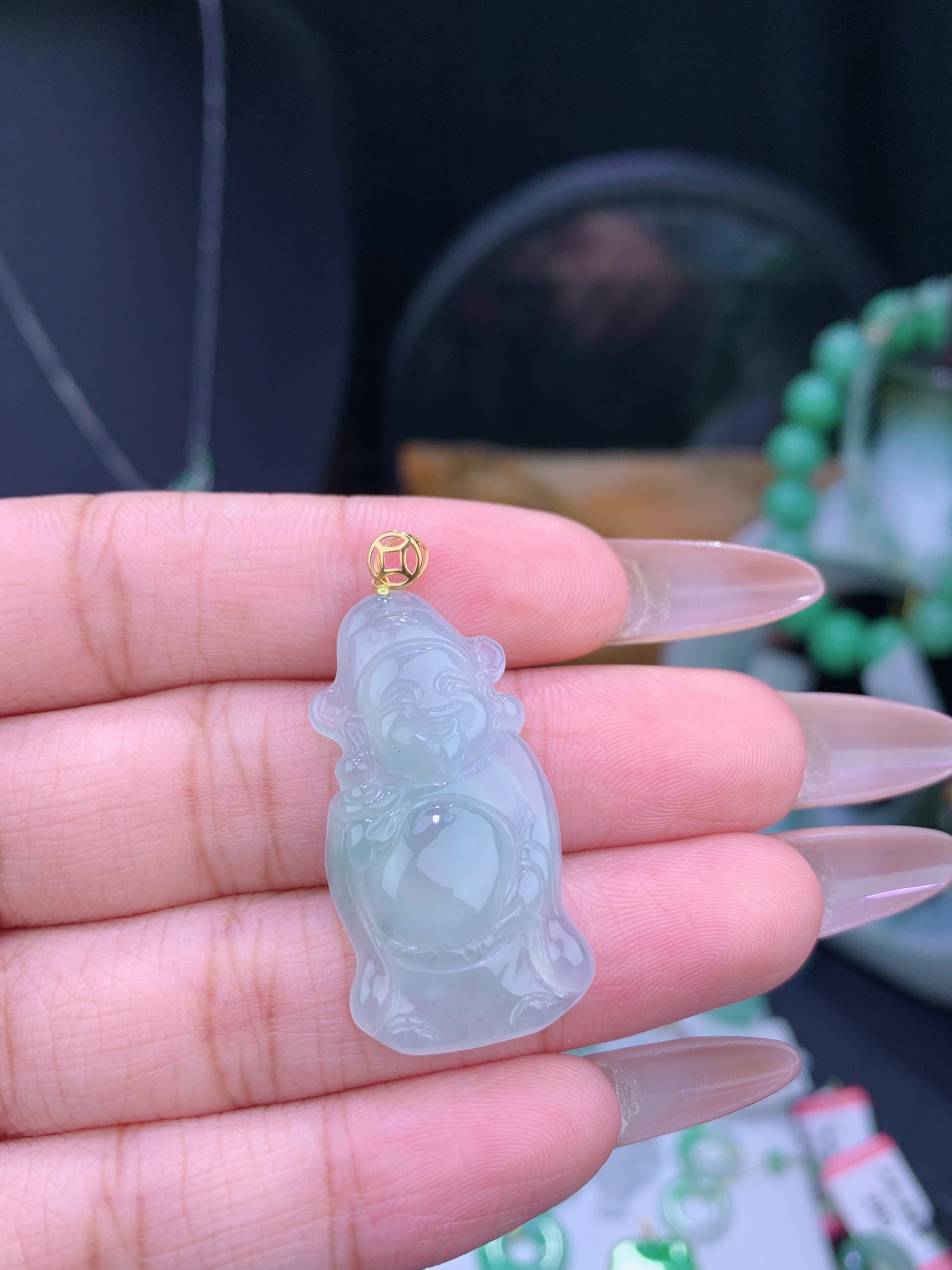 缅甸天然A货翡翠18k金镶嵌冰蓝底财爷 清新百搭气质精美冰透项坠