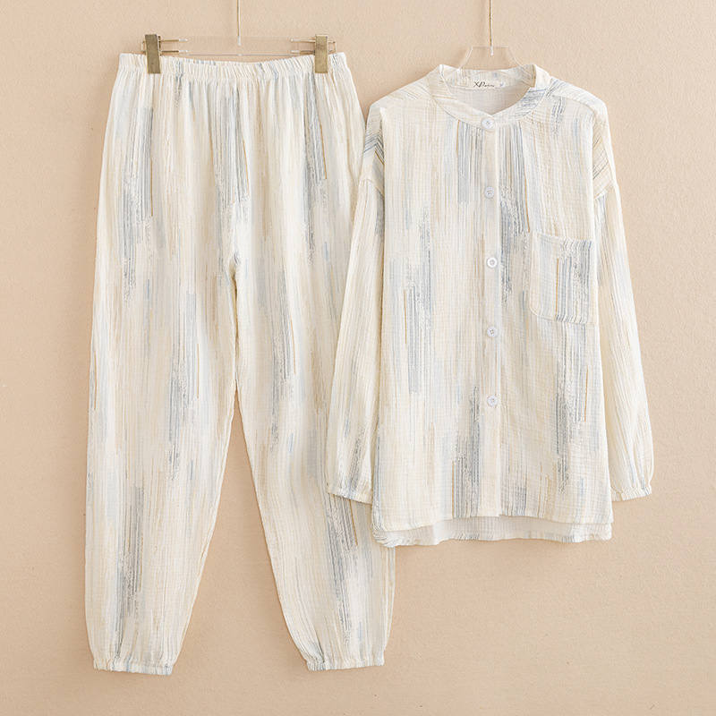 【国风】女士新款100%纯棉睡衣女套装长袖双层棉纱全棉透气家居