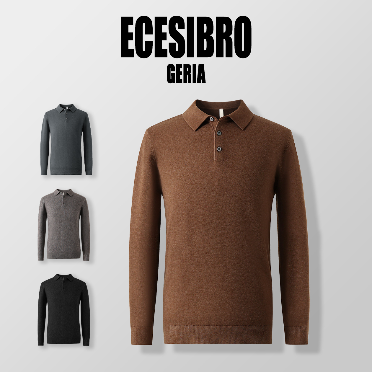 【绵羊毛混纺桑蚕丝】男士POLO领纯色休闲落肩袖针织毛衣