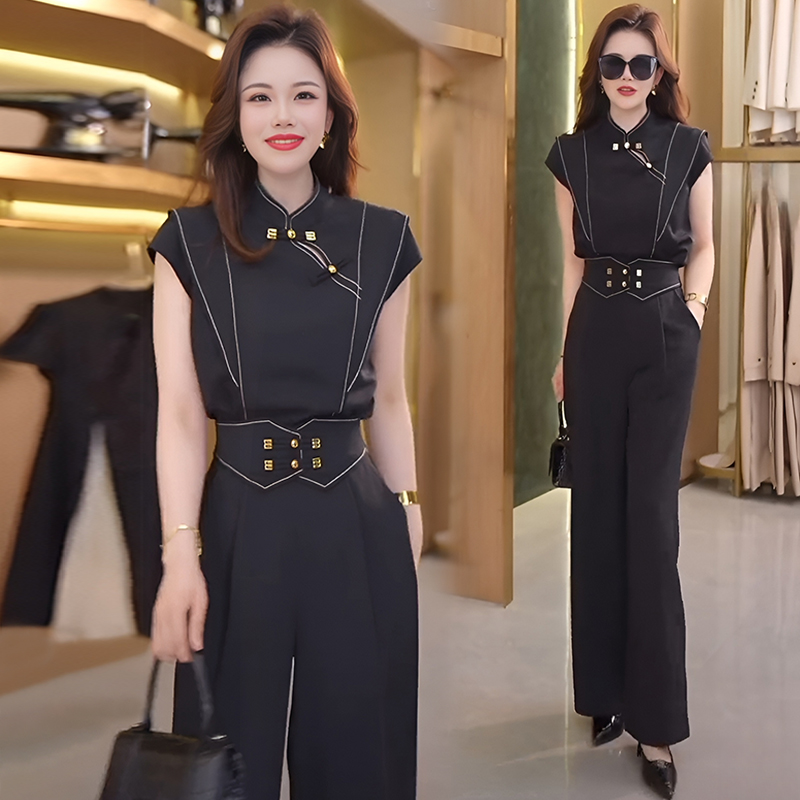 新中式国风时尚套装夏季2024新款上衣女高腰长裤子两件套潮显瘦