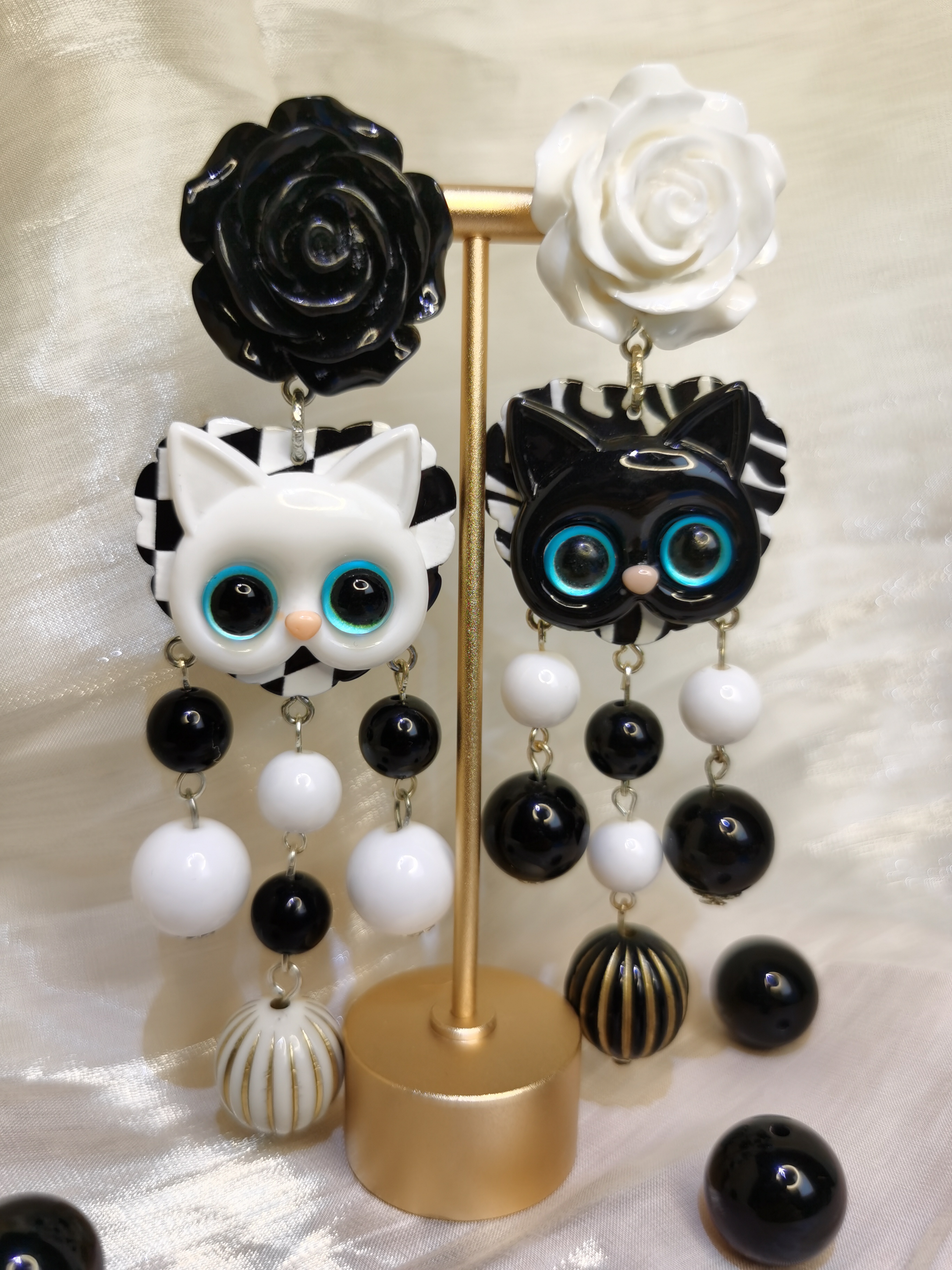 非金属树脂耳饰 【黑白猫】原创自制手作卡通耳饰耳钉耳环