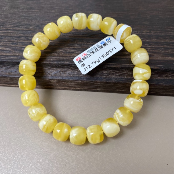 9.7毫米12.79克金白妖花浓蜜蜡老型珠手串直切圆珠桶珠千层雪溶