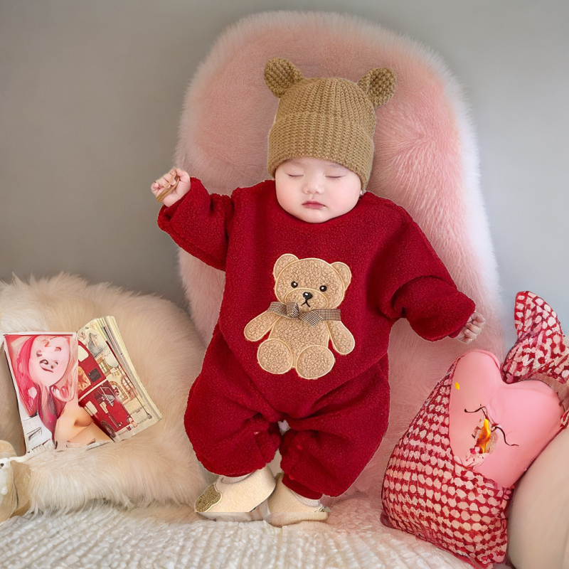 婴儿0-1连体衣秋冬款加绒男女宝宝周岁过年拜年服外出服加厚保暖