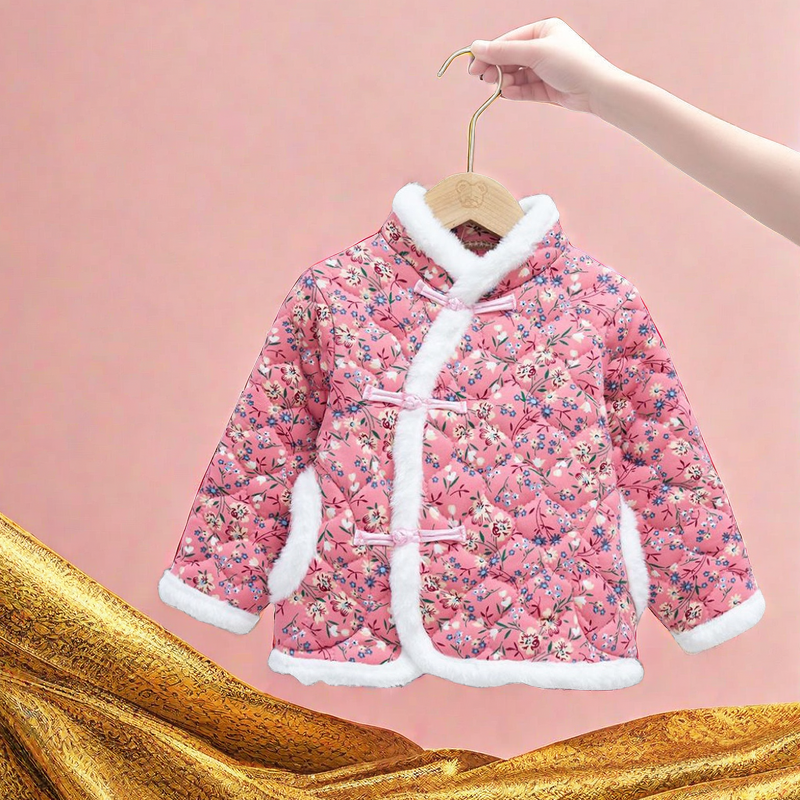 网红东北大花布棉袄冬季加厚女童棉服儿童棉衣外套喜庆洋气拜年服