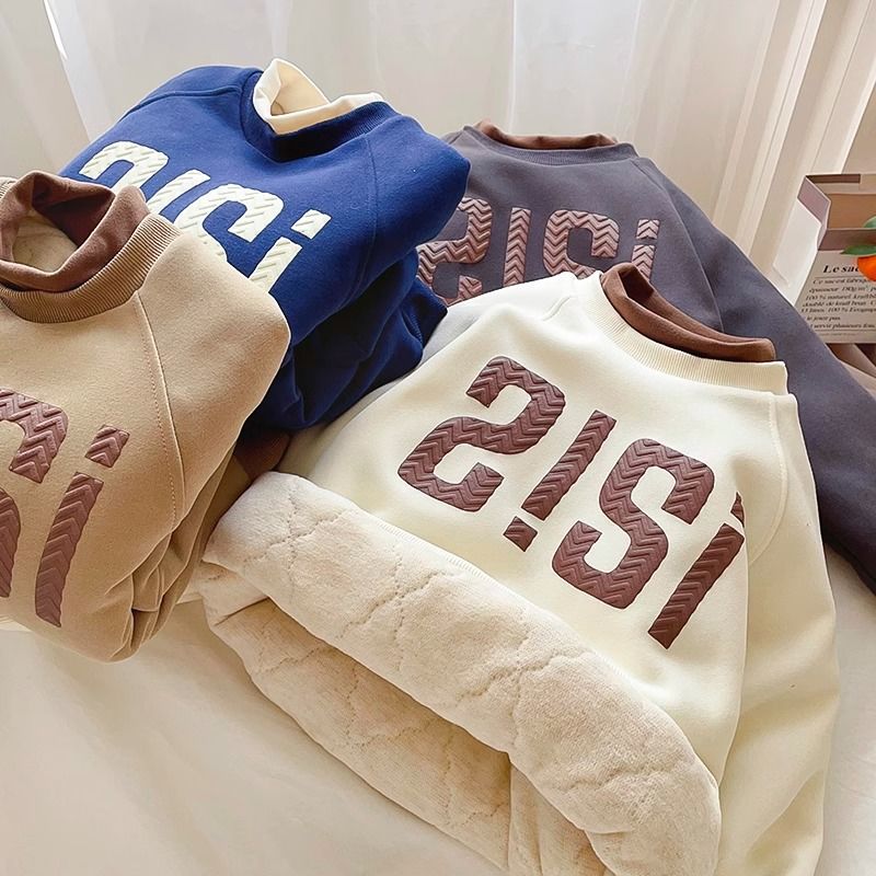 儿童加绒加厚夹棉卫衣男女童假两件套棉袄字母中大童套头三层棉服