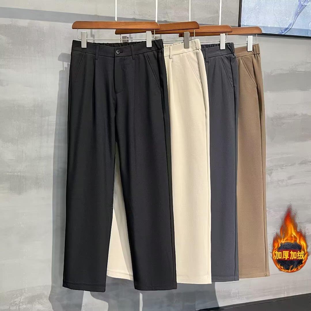 冬季加绒西裤男士韩版直筒宽松休闲裤冬季加绒加厚保暖黑色长裤子