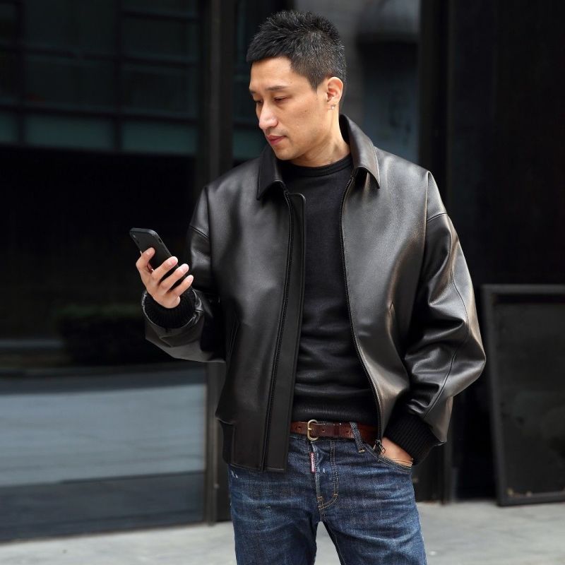 TAFO/他佛阔板宽松空军男款服进口擦色小牛皮夹克时尚皮衣58026