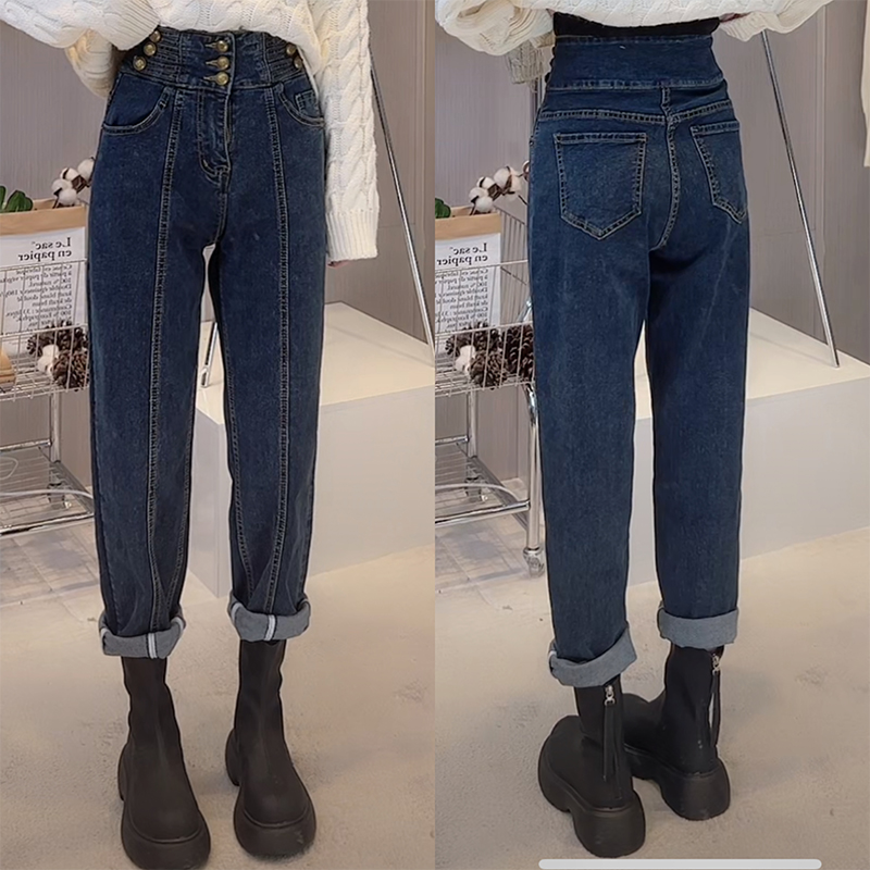 [晓晓]2025年欧货三排扣高腰牛仔裤小众设计感宽松百搭萝卜哈伦裤