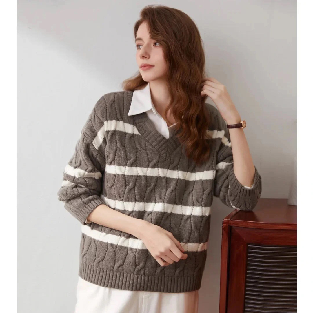 【茉莉绒 】100%绵羊毛V领文艺慵懒风厚款毛衣女休闲针织羊毛衫女