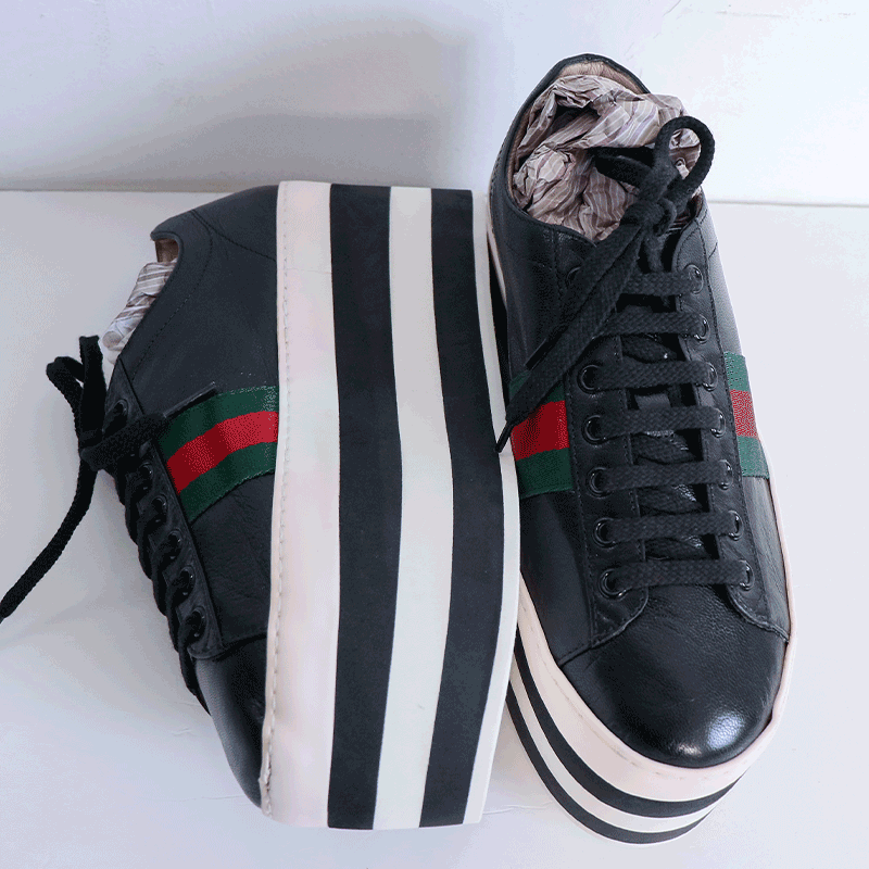 GUCCI/古驰红绿织带黑白厚底经典系带黑色低帮板鞋37.5码（瑕疵款）