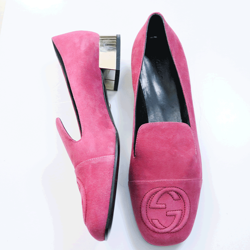 99新 GUCCI/古驰 双G刺绣麂皮时尚透气舒适浅口低跟粉色高跟鞋
