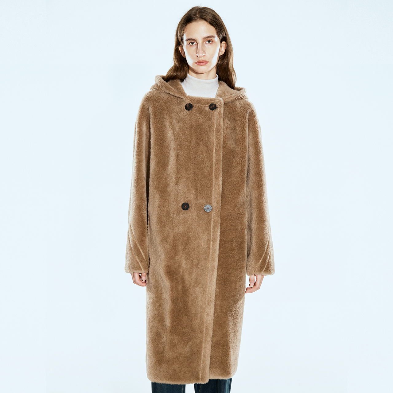 COVERINS冬季宽松双排扣羊剪毛连帽大衣CC34580170