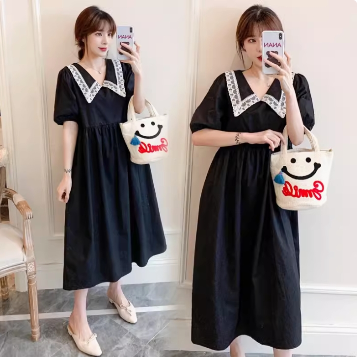 孕妇2024夏装娃娃领连衣裙中长款大码宽松孕晚期春季韩版短袖裙