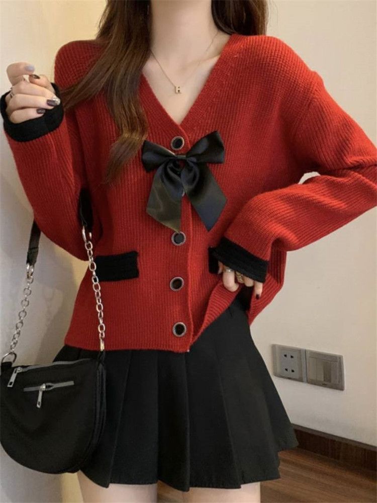 法式小香风高级感春款毛衣外套女2024新款秋本命年红色针织开衫