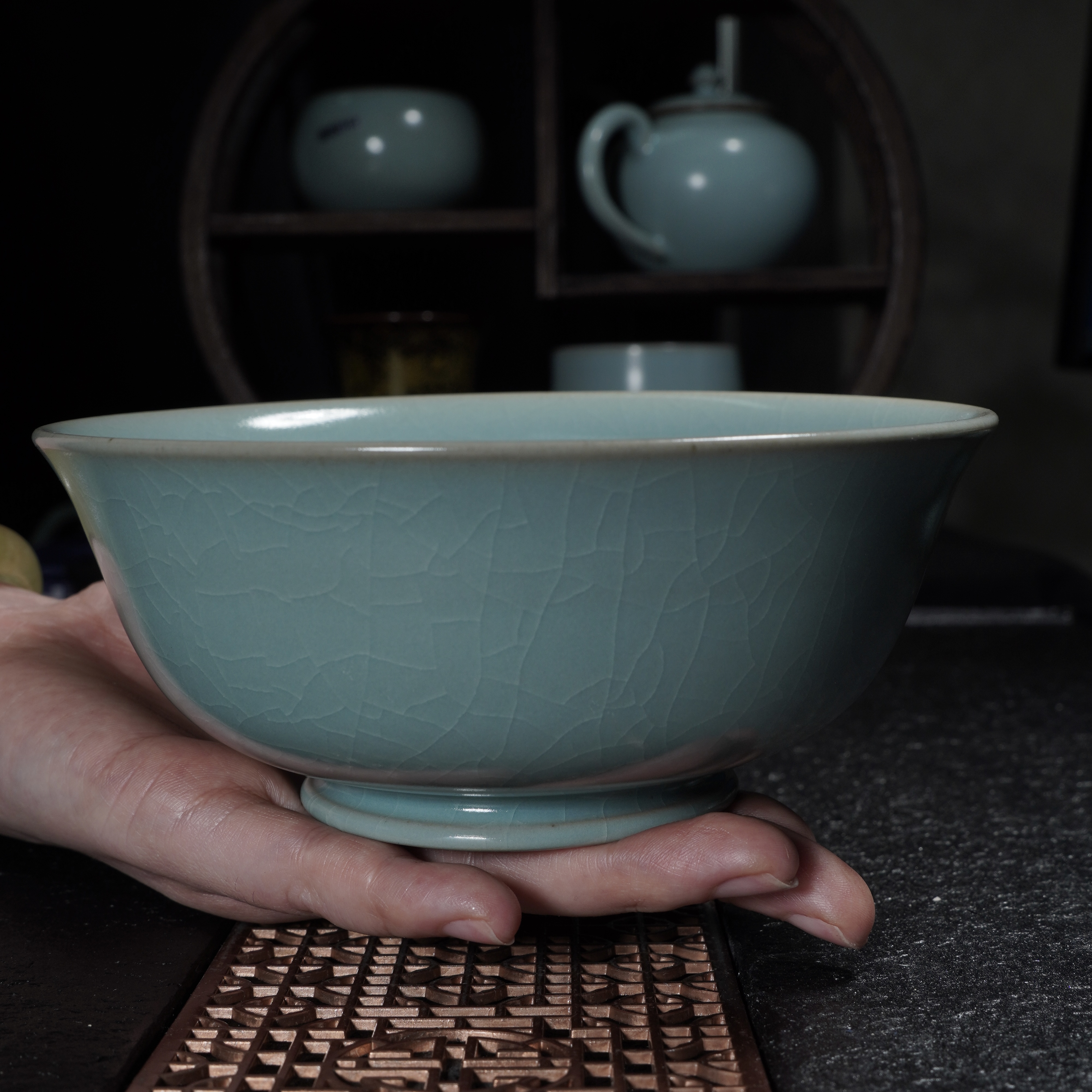 汝瓷仿古釉天青色冰裂纹原矿汝瓷碗复古