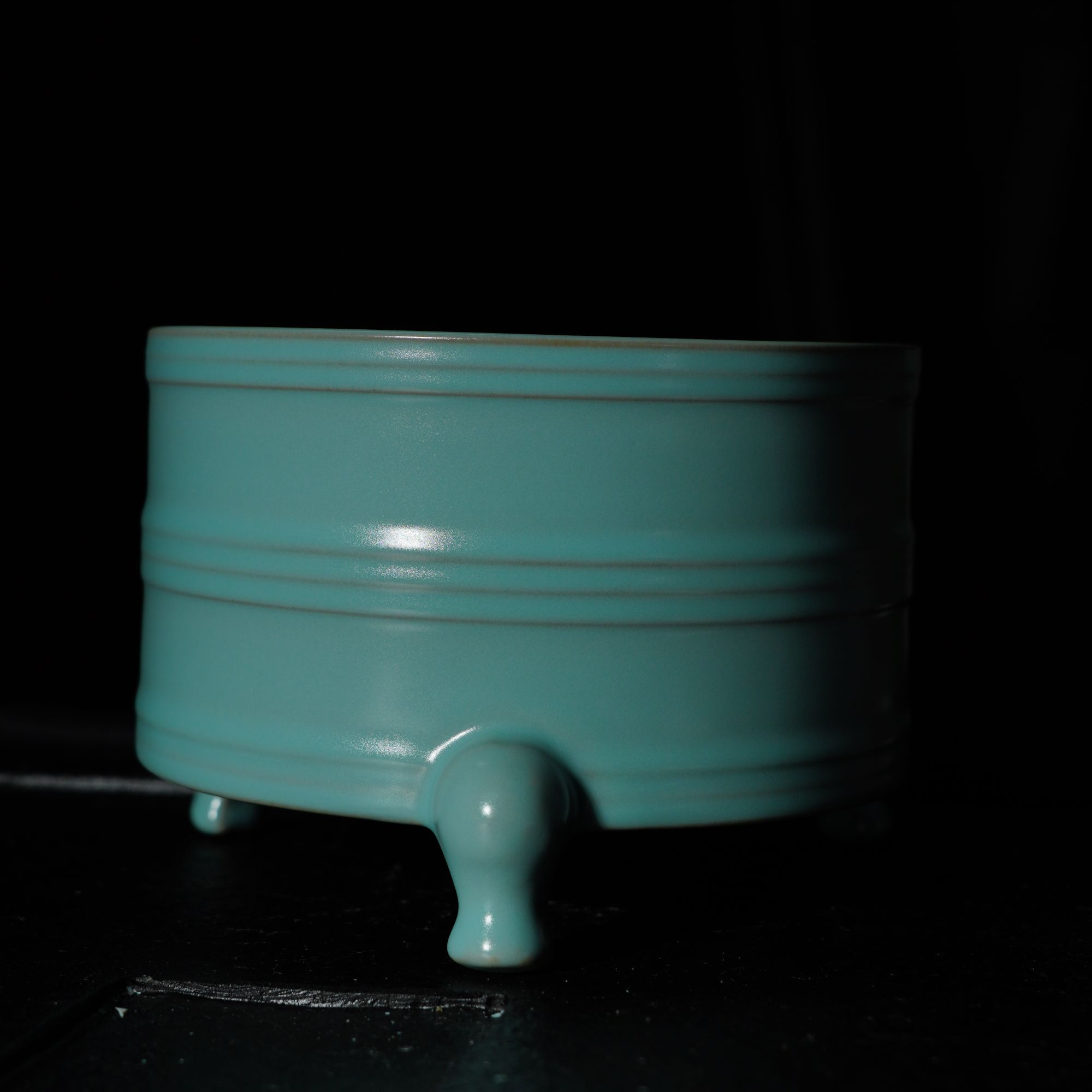 汝瓷18公分三足弦纹尊陶瓷中式汝窑老物件茶道纯手工仿古釉天青釉