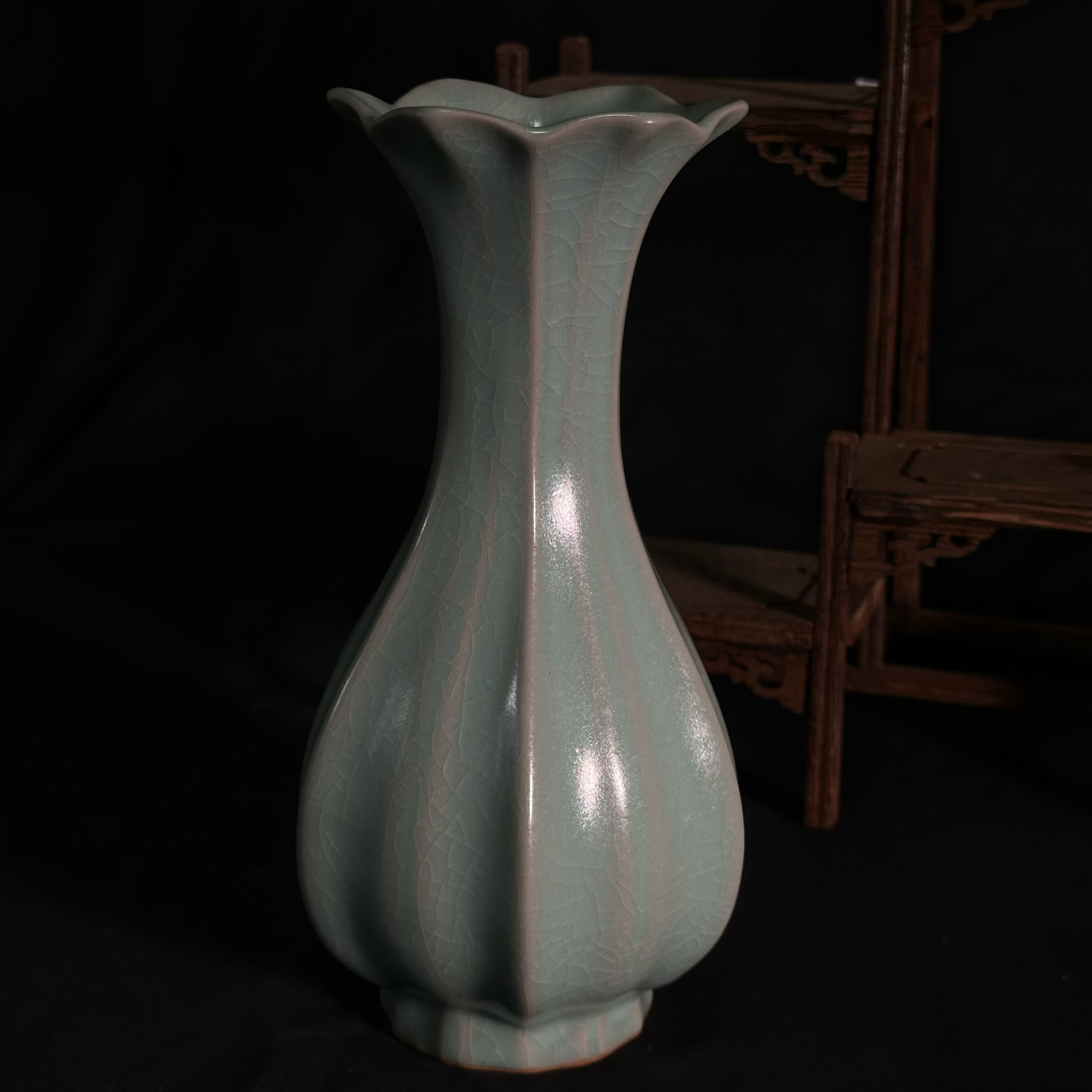 汝瓷汝瓷汝窑原矿仿古釉葵口瓶