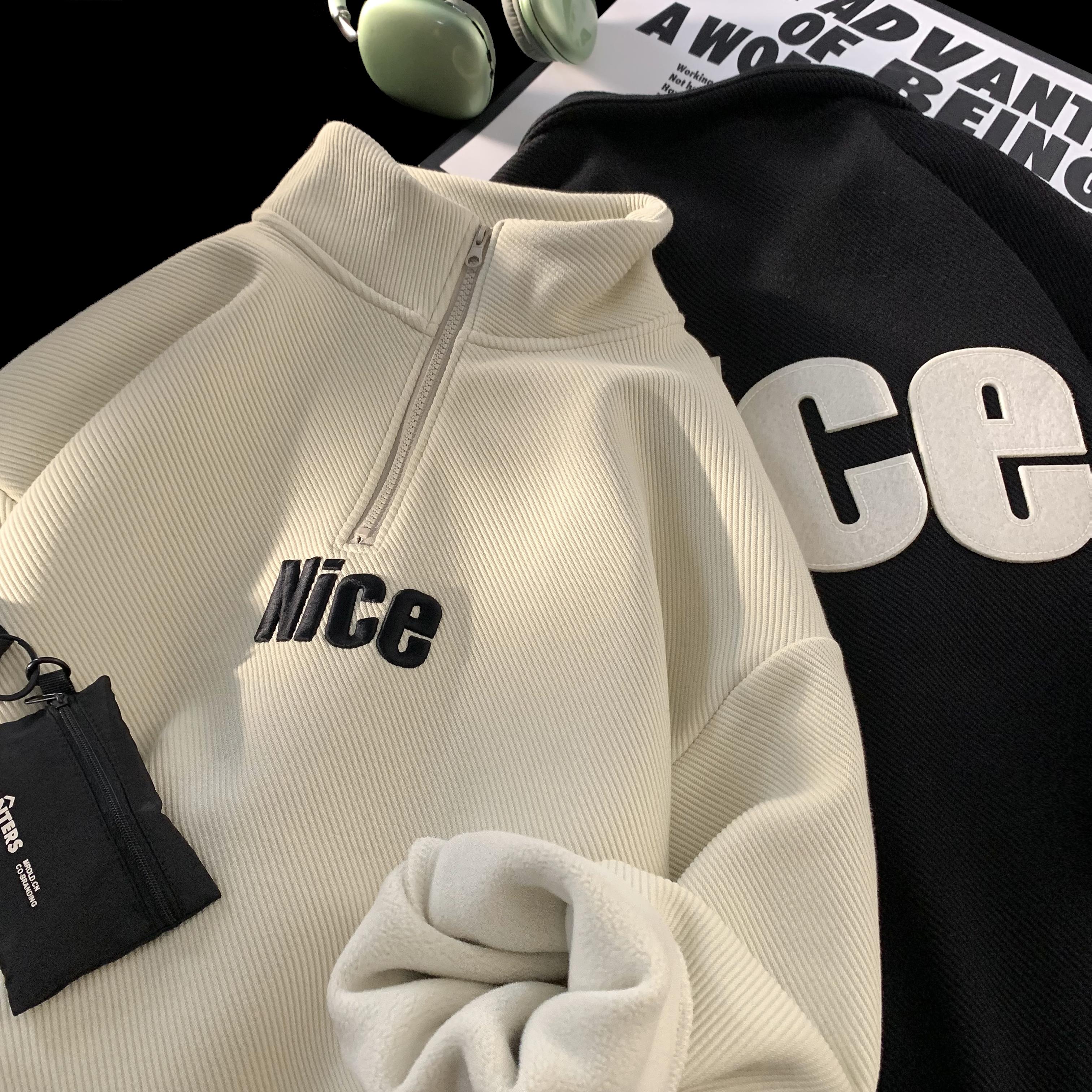 MXY秋冬重磅立领刺绣nice拉链卫衣宽松潮流加厚ins百搭保暖上衣男