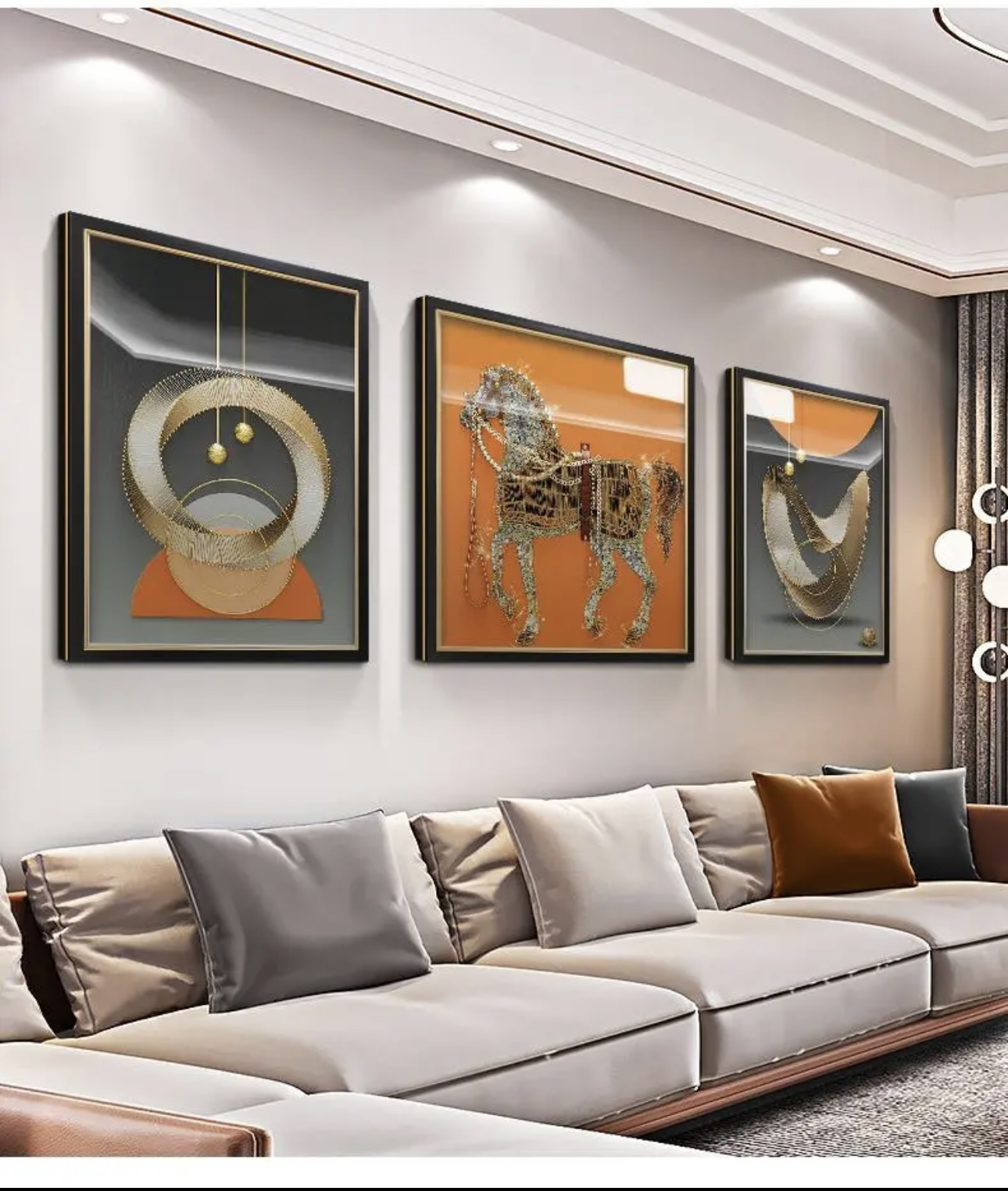 现代手工实物画高级感挂画，现代装饰画三联轻奢