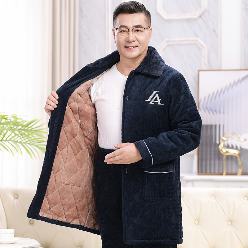 2024新款冬季睡衣男士加厚加绒三层保暖夹棉中老年爸爸长款家居服