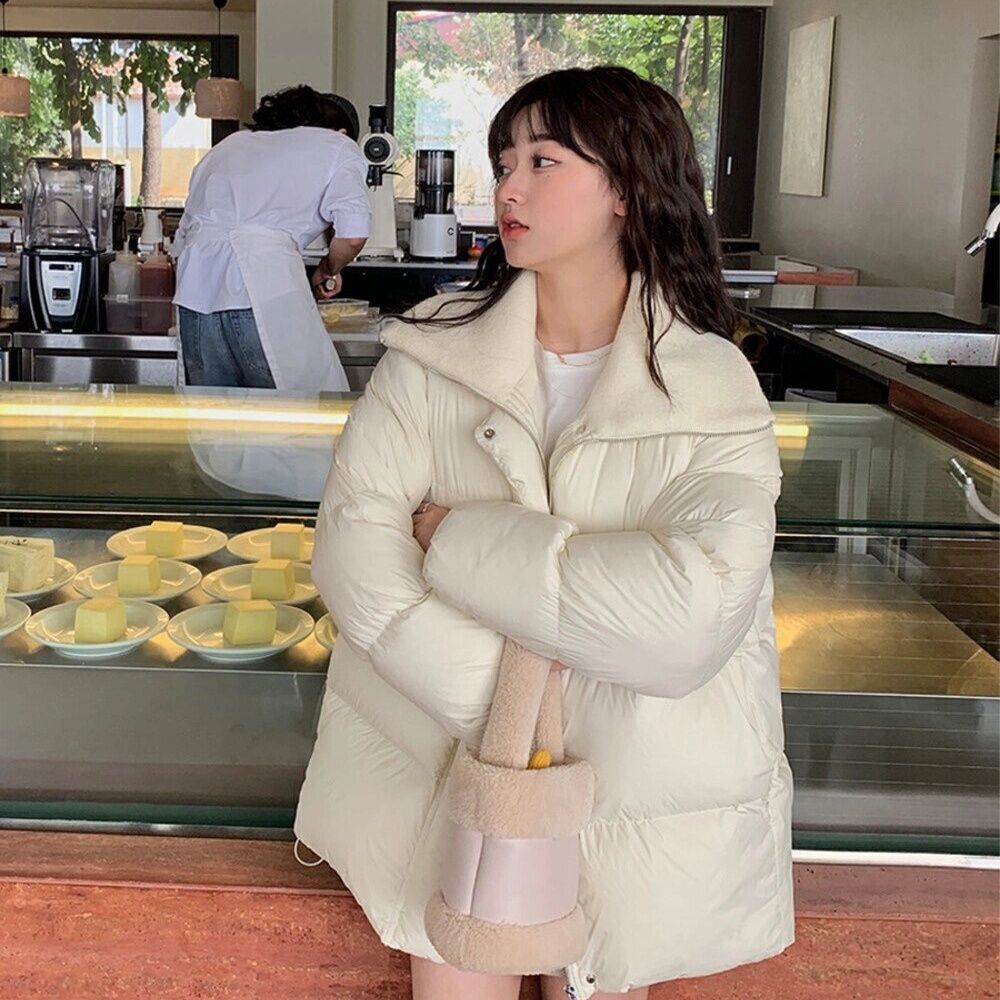 针织翻领羽绒服女2024冬季90新款宽松中长款面包时尚鸭绒加厚外套