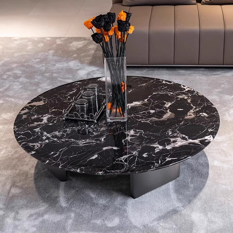 轻奢天然奢石大理石黑玫瑰高档简约客厅家用边角圆形茶几定制意式