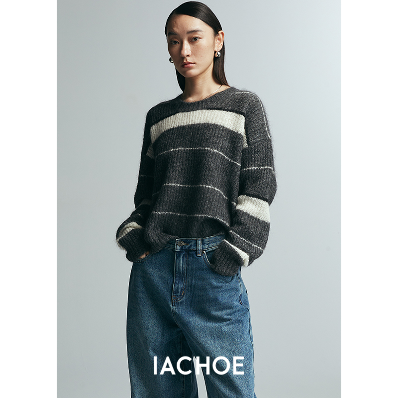 IACHOE 马海毛圆领灰色长袖毛衣3461505006