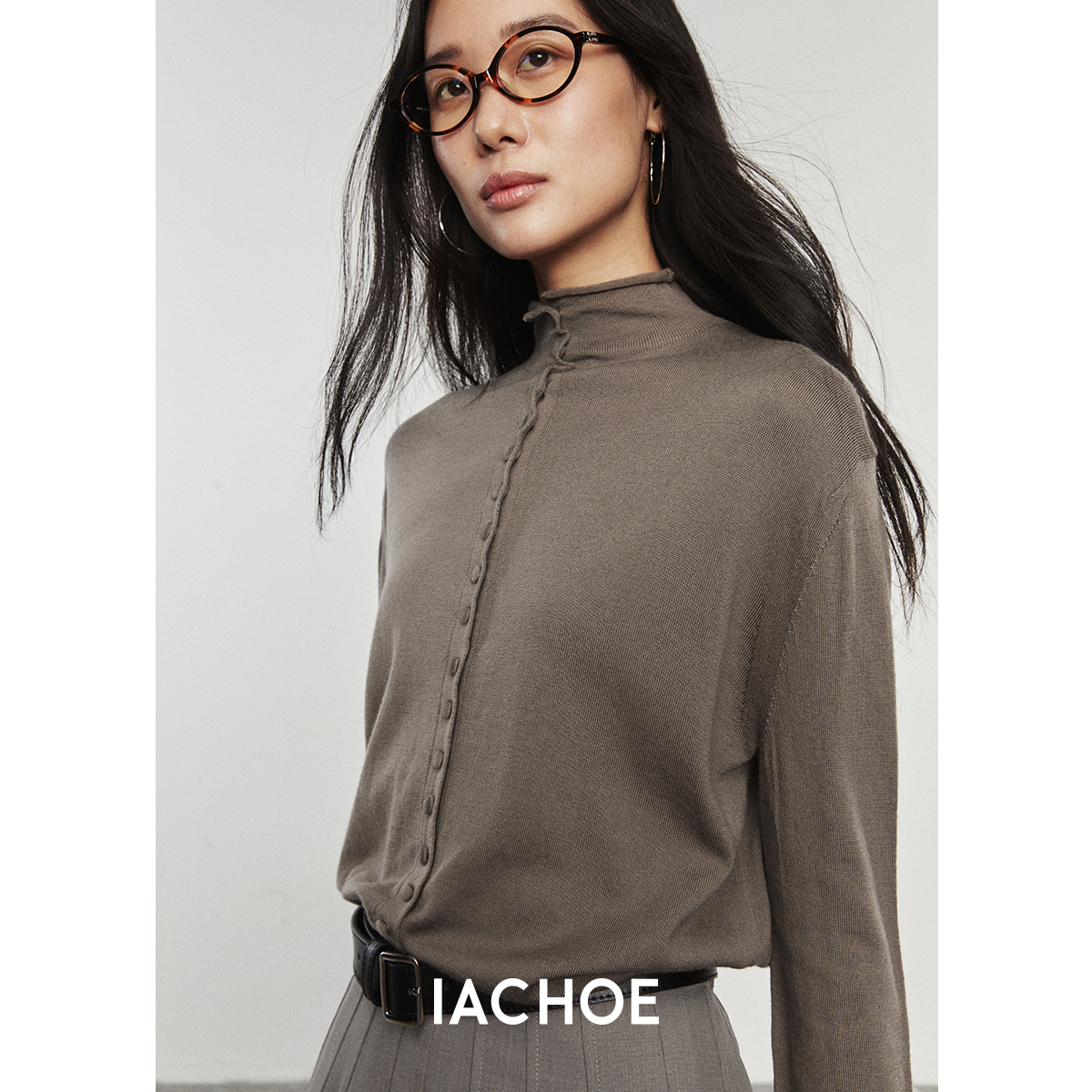 IACHOE【高智感毛衣】单排扣针织长袖毛衣开衫3571506001