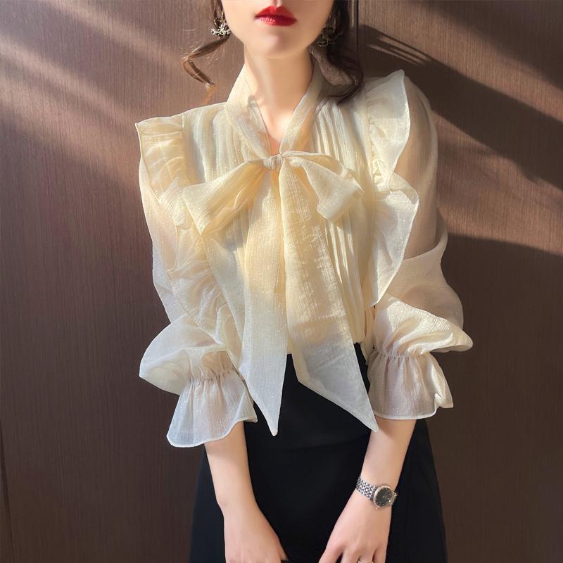 9543蝴蝶结衬衫女春秋新款时尚木耳边上衣宽松甜美雪纺衫洋气小衫