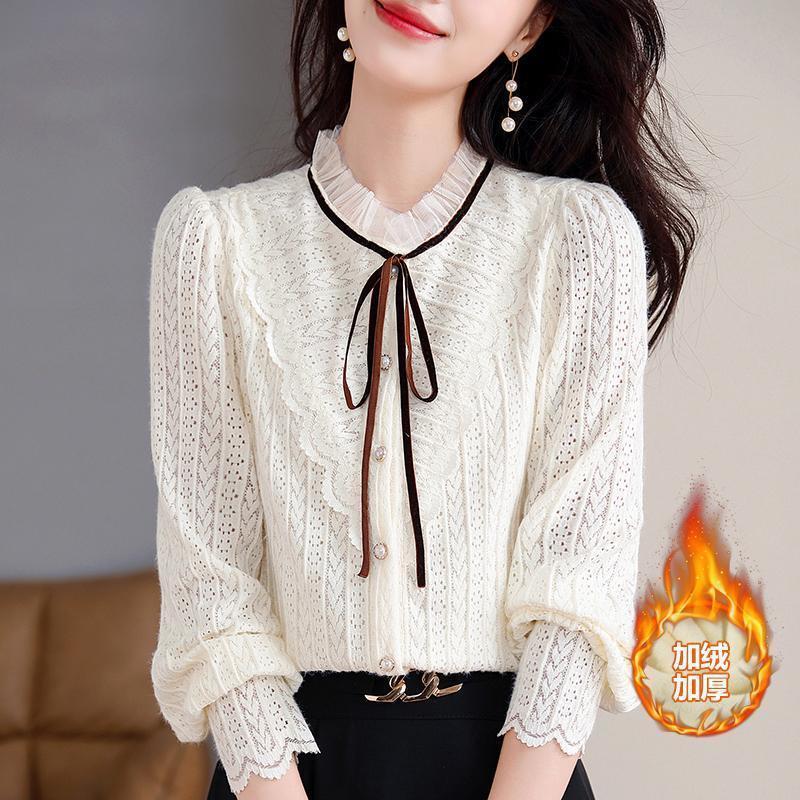 9569圆领蕾丝衬衫女春秋新款洋气上衣气质宽松加绒加厚长袖衬衣