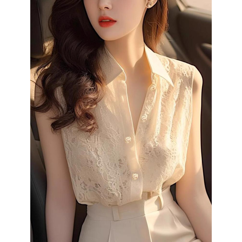 9608时尚漂亮小衫新款洋气减龄夏季蕾丝无袖衬衫女装外穿显瘦上衣