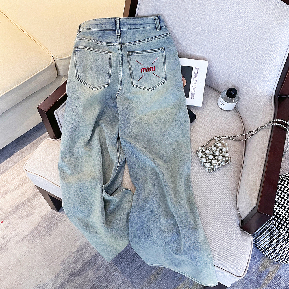 高级感撞色刺绣高腰直筒宽松显瘦阔腿牛仔长裤潮牌秋冬女款拖地裤