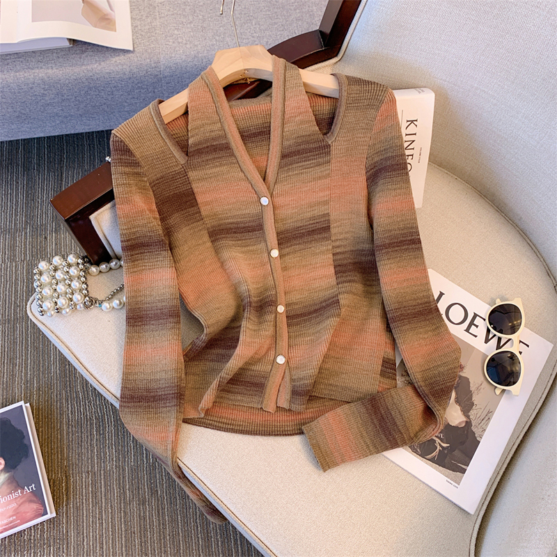 网红高级感挂脖v领长袖针织开衫毛衣女装秋装气质渐变洋气上衣服