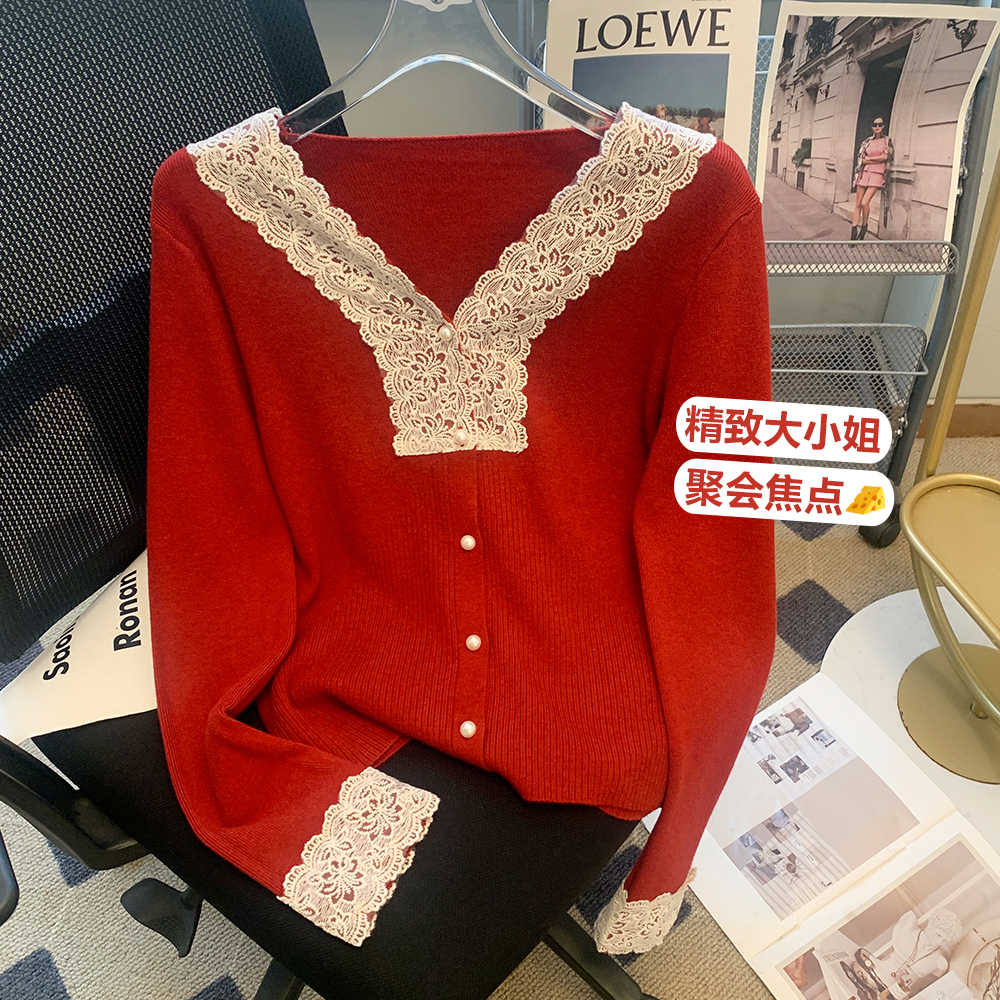 高级感小香风v领长袖针织开衫毛衣秋冬女装设计感蕾丝打底衫上衣