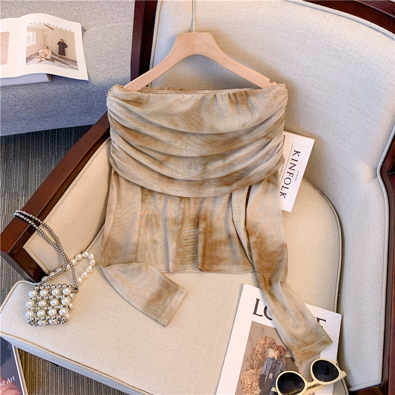 纯欲风性感扎染褶皱一字肩长袖T恤女装早秋气质内搭打底衫上衣服