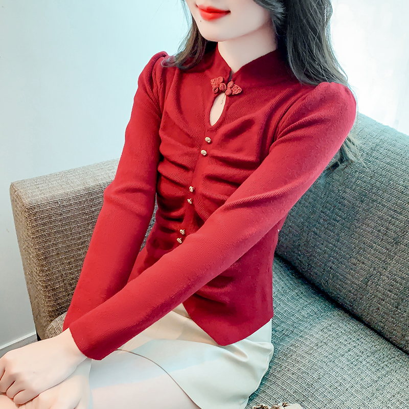 新中式复古国风立领盘扣毛衣针织衫秋冬女装短款内搭打底衫上衣服