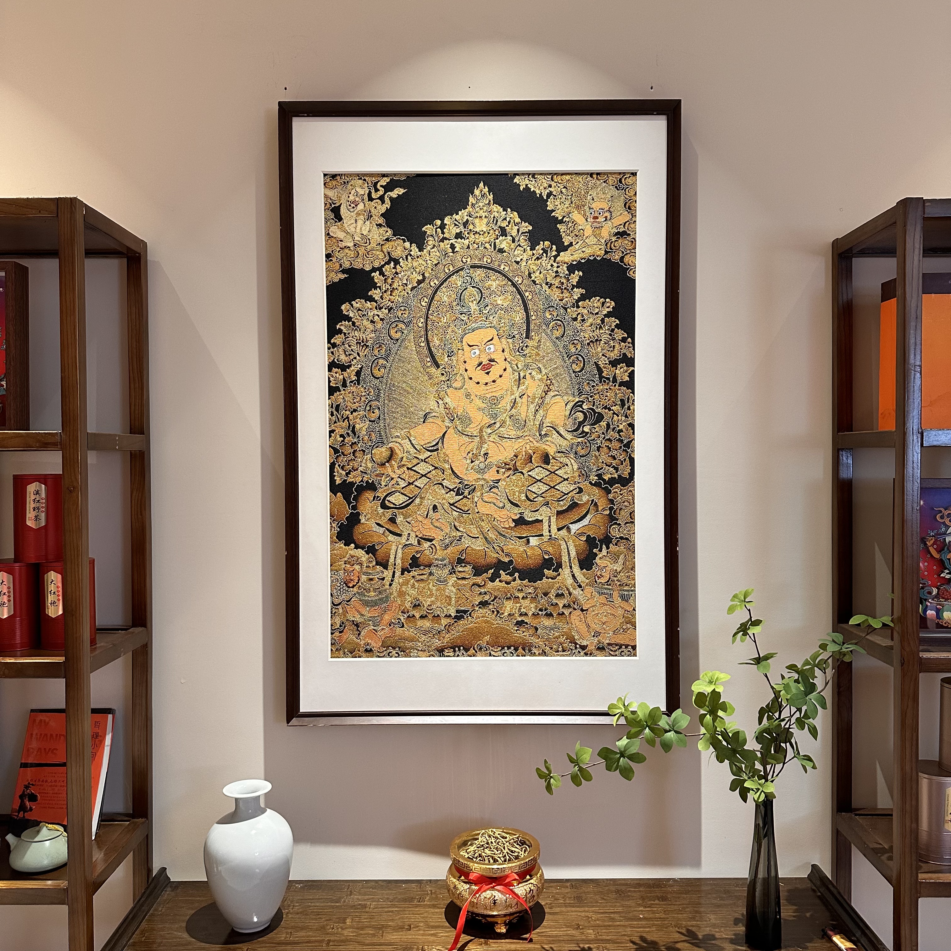 古一藏传-刺绣材质【黄财神】挂画茶室挂画书房挂画刺绣画