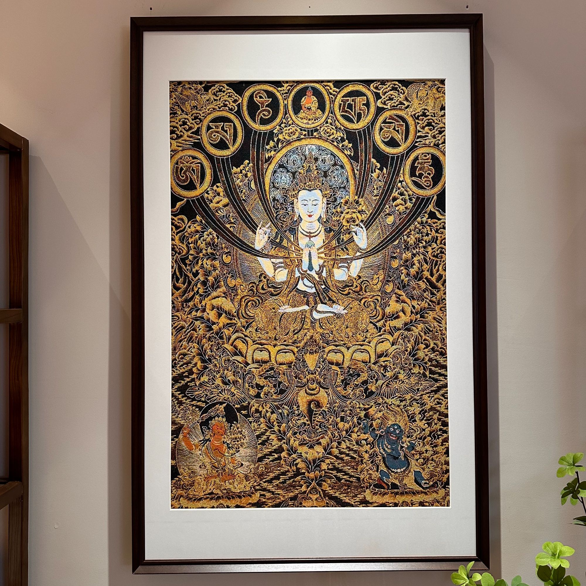 古一藏传-刺绣材质【四臂观音】挂画茶室挂画书房挂画刺绣画