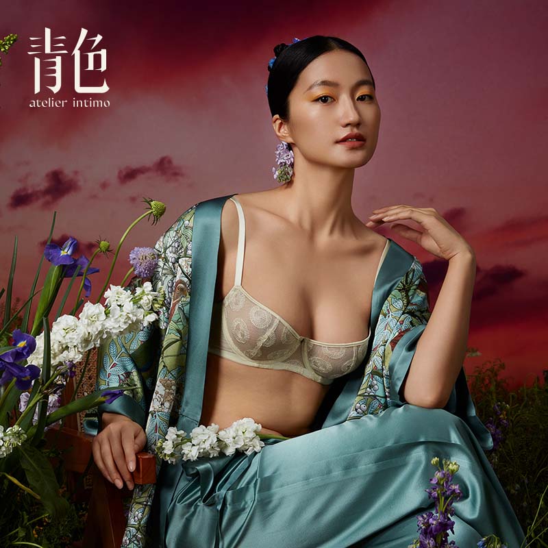 atelier intimo/青色【伊人】大胸显小钢圈舒适刺绣薄款内衣女文胸
