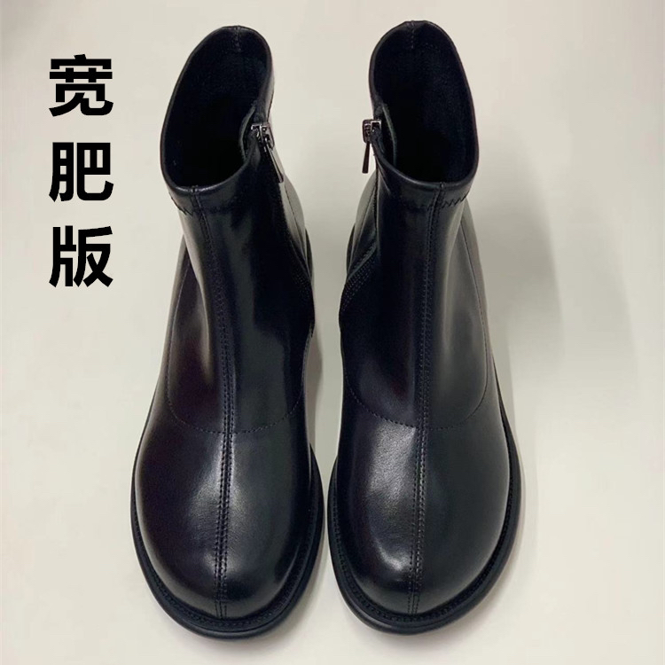 ESKEIN手工牛皮短靴女2024新款春秋单靴宽胖脚大码41一43平底女靴