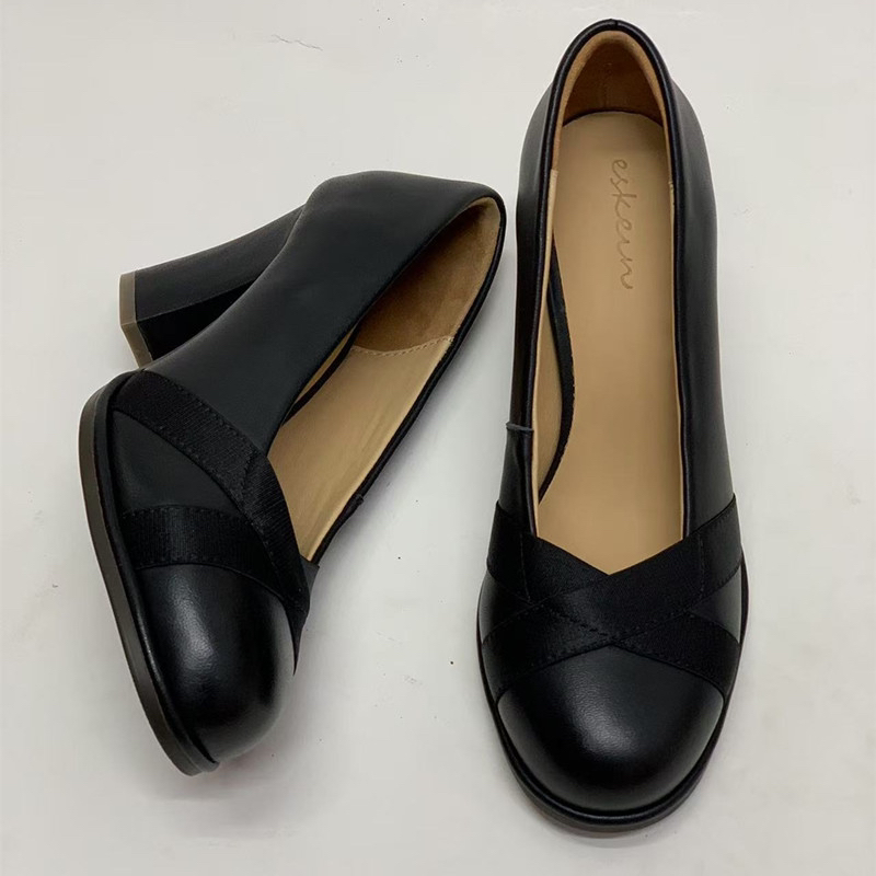 ESKEIN法式粗跟鞋女高跟走秀2025春季单鞋气质羊皮奶奶鞋配旗袍鞋