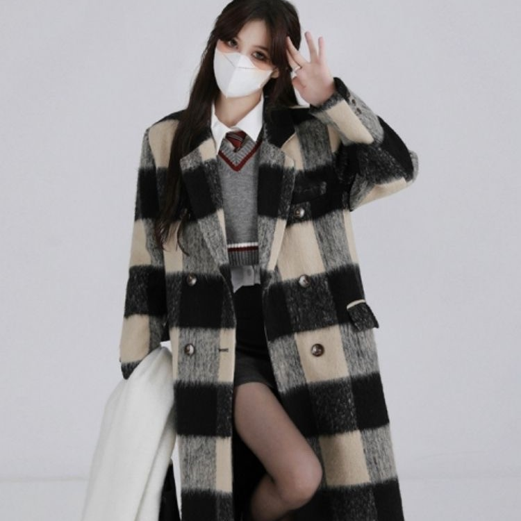 ~9927#美拉德色系格子大衣女外套秋冬长款韩系冬季毛呢