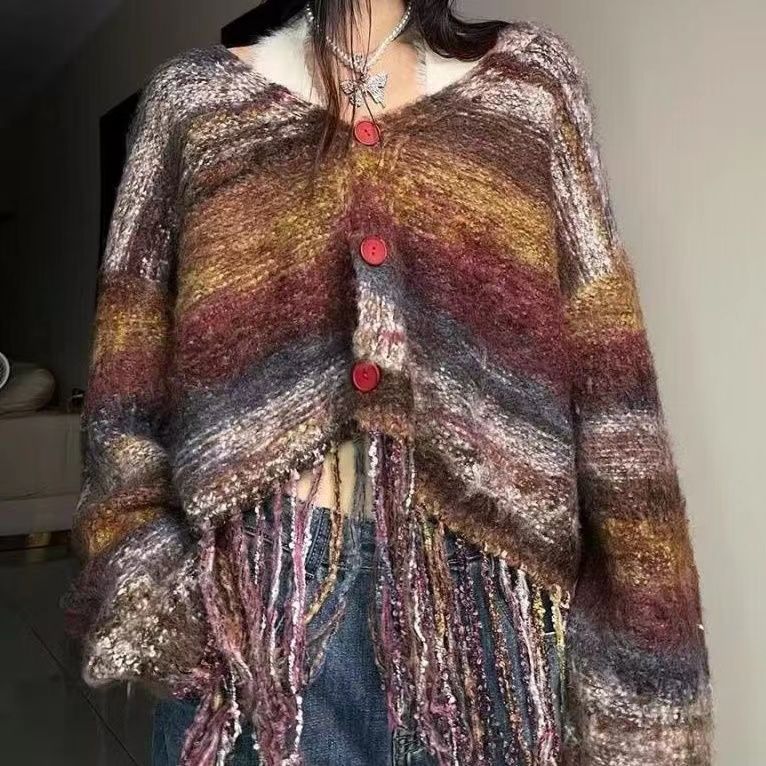 流苏ins渐变秋冬复古纽扣毛衣韩版长袖宽松开衫外套针织衫上衣女