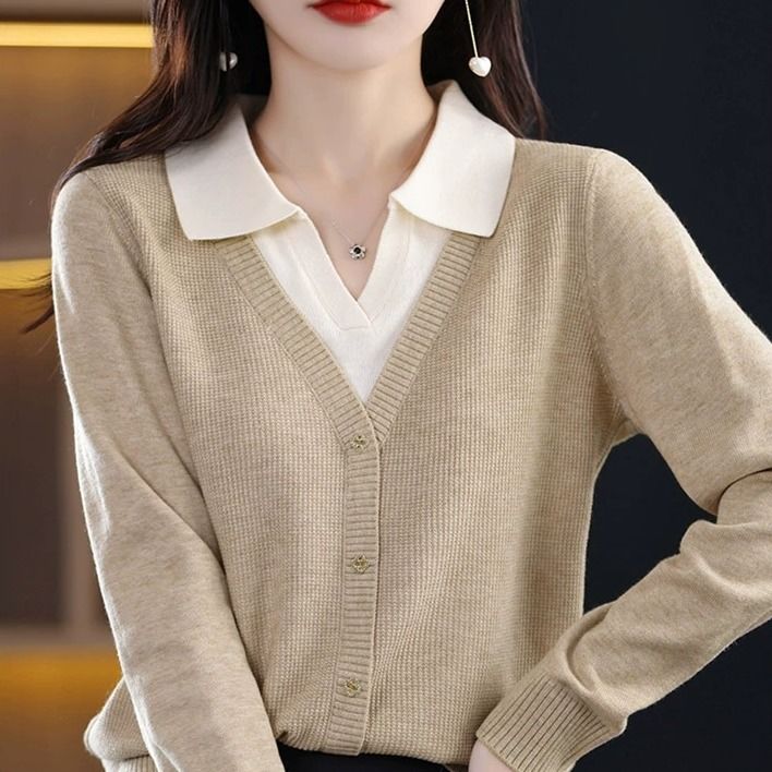 宽松显瘦【80-200斤】拼接POLO领假两件针织衫毛衣女洋气休闲打底