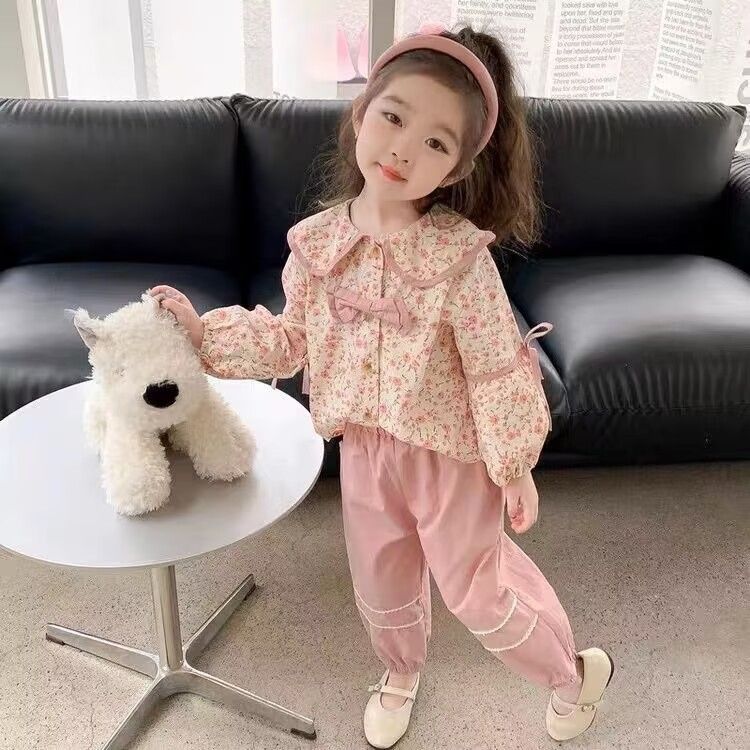 女童套装春秋2024新款洋气时髦宝宝秋季韩版潮休蕾丝碎花长袖春款