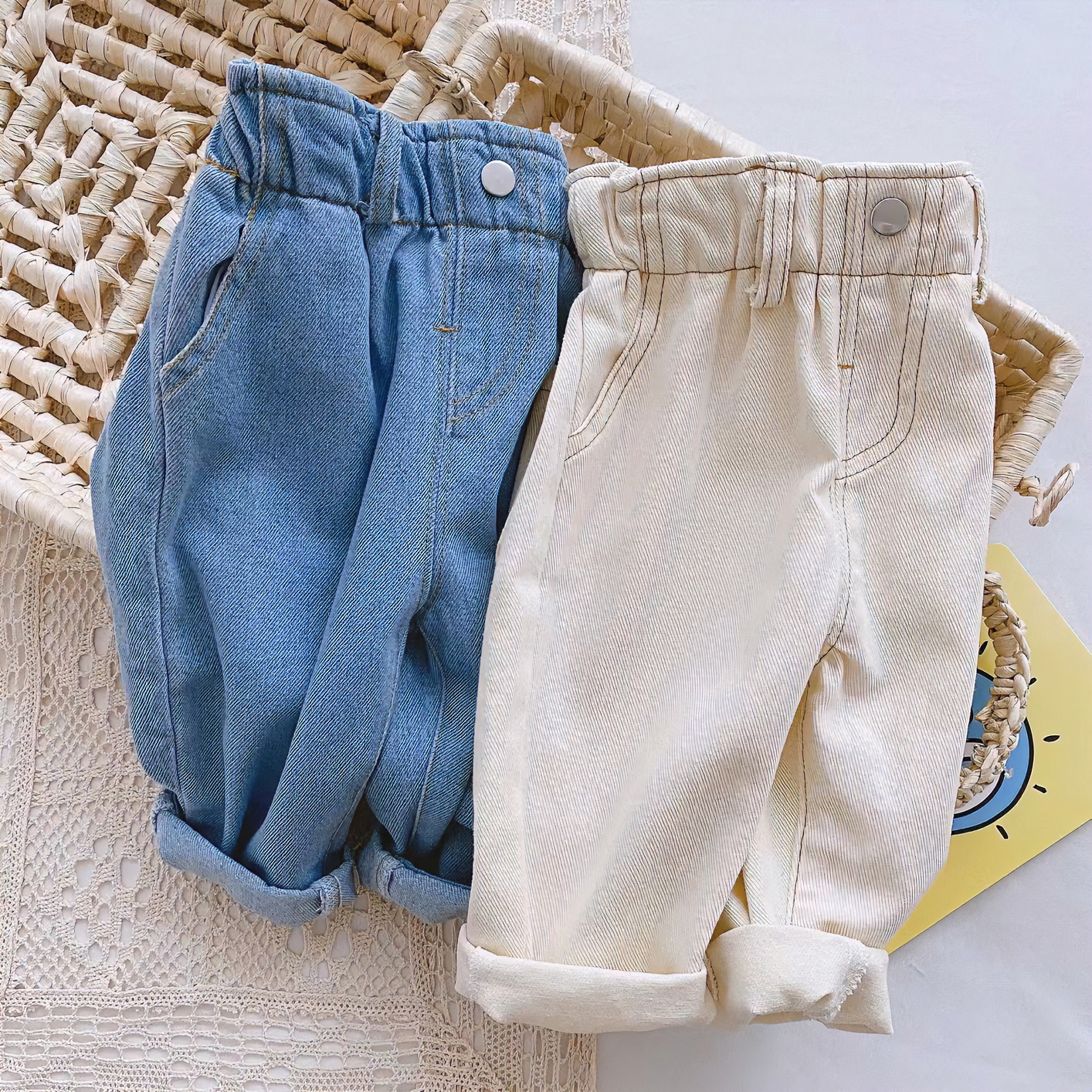 宝宝裤子0-3岁婴童软牛仔裤春款男女宝宝韩版纯色休闲休闲裤男童