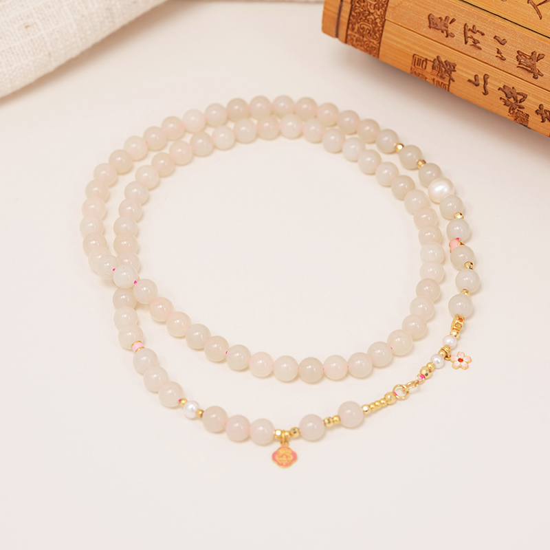 【石泽珠宝】石泽珠宝和田玉藕粉项链＋18k金镶嵌气质和田玉珠串6mm